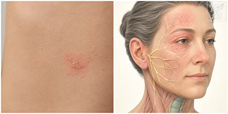 Shingles symptoms with a cluster of small blisters and a medical illustration showing facial nerves and rash around the forehead and eye (작은 물집 군집과 이마·눈 주변 발진 및 안면 신경을 보여주는 대상포진 증상 이미지)