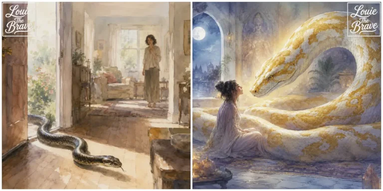 Large snake entering a home and a giant white-and-gold snake facing a woman in a dreamlike scene (집 안으로 들어오는 큰 뱀과 꿈속에서 여성과 마주한 거대한 흰색·금색 뱀)