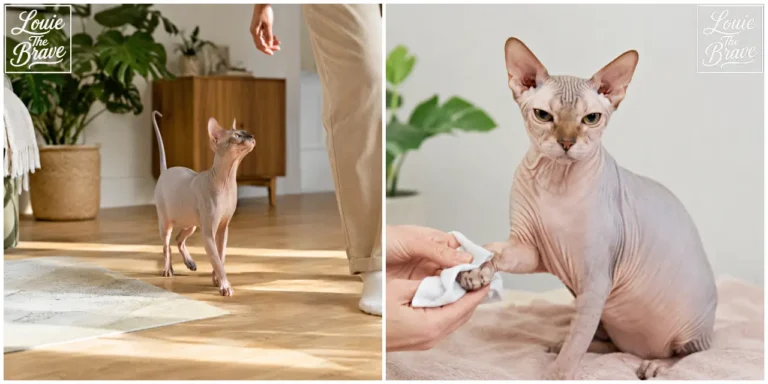 Sphynx cat walking beside a person and having its paw gently cleaned with a cloth (사람 옆을 걷는 스핑크스 고양이와 천으로 발을 부드럽게 닦아주는 모습)