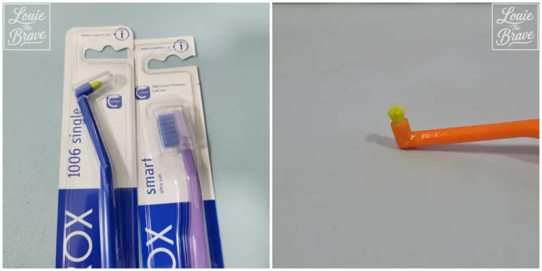 Curaprox toothbrushes in packaging and a close-up of an angled toothbrush head with yellow bristles (포장된 큐라프록스 칫솔과 노란색 칫솔모가 있는 꺾인 칫솔 헤드 접사)
