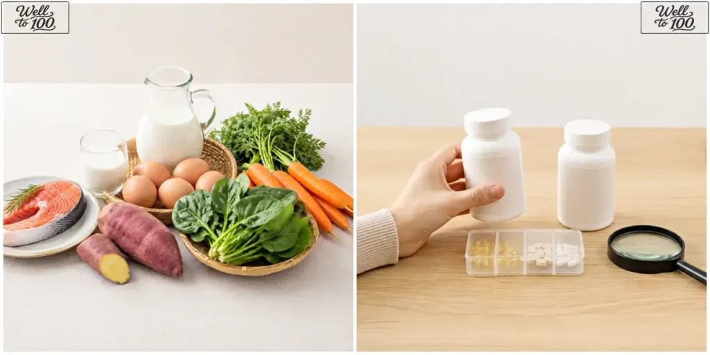 Vitamin A-rich foods beside supplement bottles and pills (비타민 A가 풍부한 식품과 영양제 병, 알약을 함께 놓은 모습)