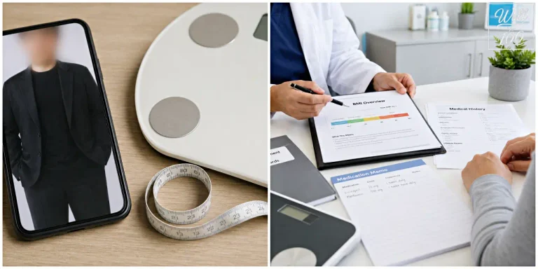 Smartphone beside a scale and measuring tape, with a clinician reviewing BMI paperwork (체중계와 줄자 옆 스마트폰, BMI 자료를 검토하는 의료진)