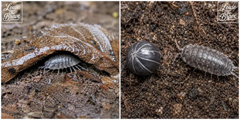 Woodlouse hiding under a wet leaf and two woodlice on moist soil, including one curled into a ball (젖은 낙엽 아래 숨어 있는 쥐며느리와 축축한 흙 위에서 한 마리가 몸을 둥글게 만 쥐며느리 두 마리)