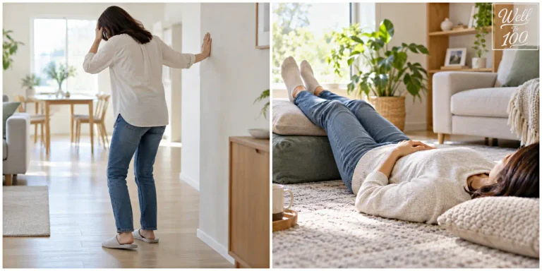 Vasovagal syncope symptoms shown by a woman feeling faint near a wall and then lying down with her legs elevated (벽을 짚고 쓰러질 듯한 여성과 다리를 올리고 누운 모습으로 표현한 미주신경성 실신 전조증상)