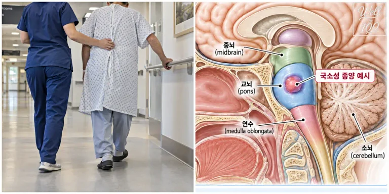 Brainstem glioma symptoms shown by a patient receiving walking assistance beside a labeled brainstem tumor illustration (보행 보조를 받는 환자와 뇌간 종양 해부도로 표현한 뇌간교종 증상)