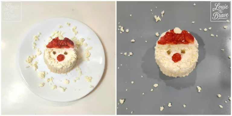 Homemade dog cake recipe shown as a Santa-shaped chicken and fresh-cheese mini cake with strawberry decoration (닭가슴살과 수제 치즈, 딸기로 만든 산타 모양 미니 강아지 수제 케이크 두 장)