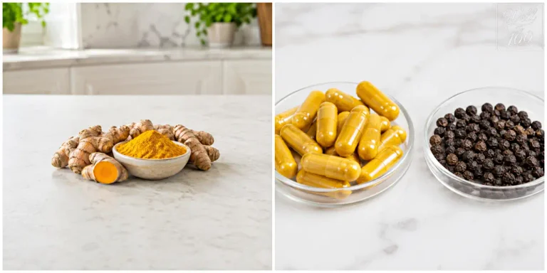 Turmeric roots and powder beside yellow curcumin capsules and black peppercorns (강황 뿌리와 가루, 노란 커큐민 캡슐과 통후추)