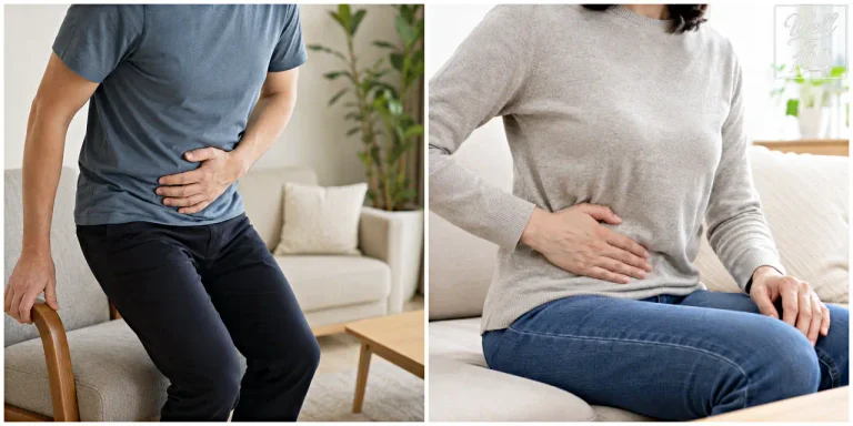 Man and woman holding their abdomen in discomfort, illustrating early symptoms of appendicitis (복부 통증으로 배를 감싸는 남성과 여성, 맹장 초기증상 이미지)