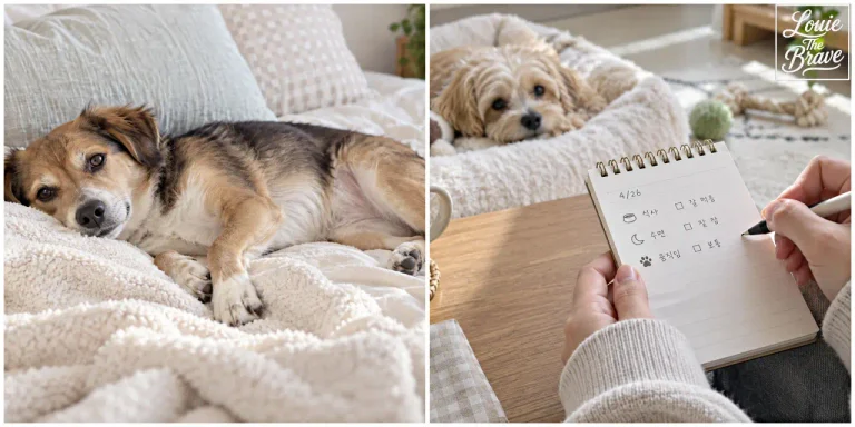Dog quality-of-life tracking for when to euthanize a dog, with resting dogs and a caregiver writing daily notes (강아지 안락사를 고민하며 쉬는 강아지들과 보호자가 일일 상태를 기록하는 모습)