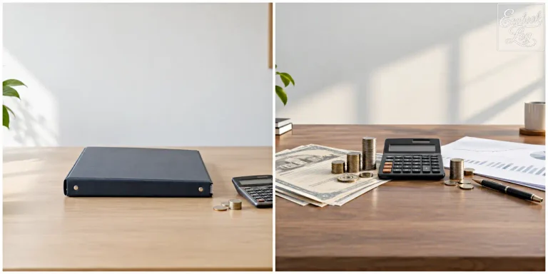 Fiscal policy concept with binder, calculator, banknotes, coins and financial papers on a wooden desk (나무 책상 위 바인더, 계산기, 지폐, 동전, 재무 서류로 표현한 재정정책 뜻)