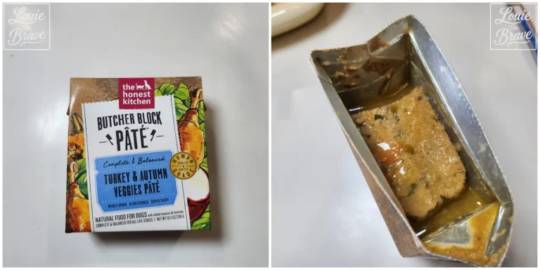 The Honest Kitchen wet dog food Turkey & Autumn Veggies Butcher Block Pâté opened beside the package (디어니스트키친 파테 터키 앤 어텀 베지 습식 강아지 사료 부처 블록 개봉 모습)