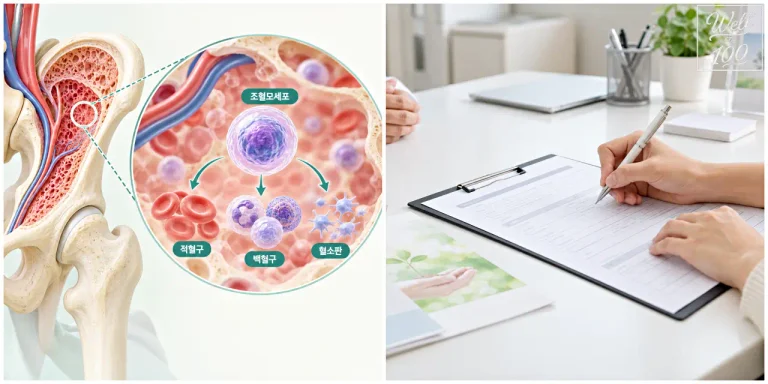 Blood stem cell donation illustration showing bone marrow stem cell formation beside donor registration paperwork (조혈모세포 기증의 골수 조혈모세포 분화와 기증 등록 서류 작성 장면)