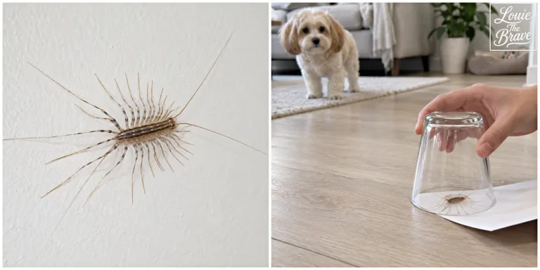 House centipedes and dogs: close-up of a house centipede and a small dog watching one trapped under a glass (강아지 돈벌레: 집 지네 접사와 유리컵 아래 잡힌 지네를 바라보는 작은 강아지)