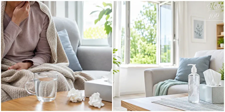 Person wrapped in a blanket holding their throat beside water and tissues, with hand sanitizer in a bright living room (담요를 두르고 목을 짚은 사람, 물과 휴지, 손 소독제가 놓인 밝은 거실)