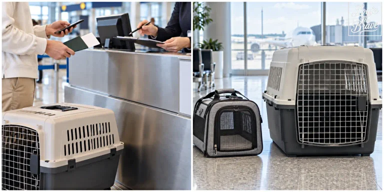 Flying with a large dog in cargo preparation at an airport check-in counter with a large hard-sided pet crate beside a smaller soft carrier (대형견 비행기 탑승—화물칸 비행 준비를 위해 공항 체크인 카운터에 놓인 대형 하드 켄넬과 소형 소프트 이동장)