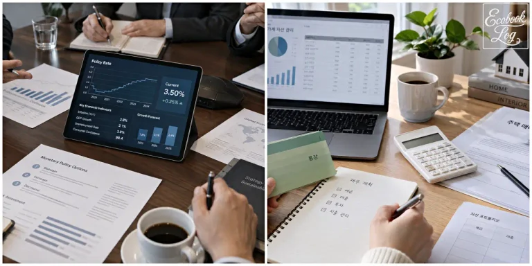 Monetary policy meeting and household financial planning desk with a policy-rate chart, laptop, calculator and savings notebook (통화정책 기준금리 회의와 가계 자산관리 장면)