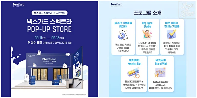 NexGard Spectra Pop-Up poster for the Sept. 11–13 Seongsu event with Geukhan Gyeonju characters and five activity icons (9월 11~13일 성수 행사 일정과 극한견주 캐릭터, 5가지 체험 아이콘이 보이는 넥스가드 스펙트라 팝업 포스터)