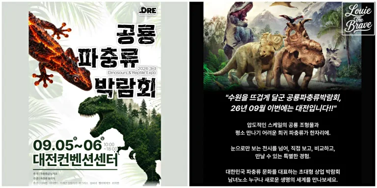 Daejeon Dinosaur & Reptile Expo 2026 poster with a gecko, dinosaurs, event dates, and DCC venue (도마뱀과 공룡, 행사 날짜와 대전컨벤션센터 장소가 표시된 2026 대전 공룡&파충류 박람회 포스터)