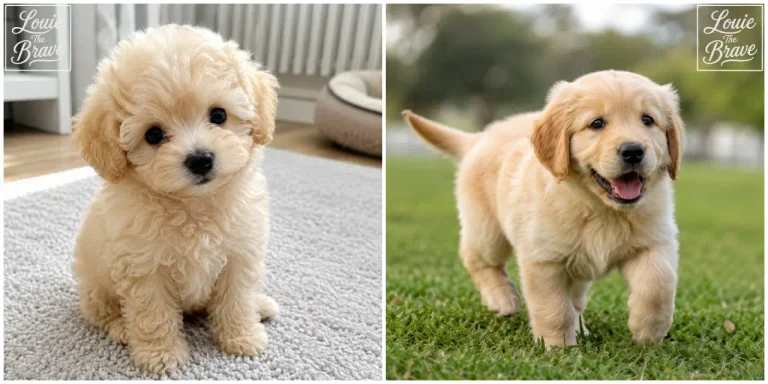 Cream curly-coated puppy sitting indoors beside a golden-colored puppy walking on grass (실내에 앉아 있는 크림색 곱슬털 강아지와 잔디 위를 걷는 골든색 강아지)
