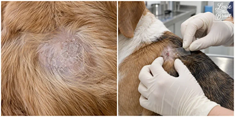 pyoderma in dogs showing a crusted scaly skin lesion beside veterinary skin sample collection (강아지 농피증의 딱지·각질 피부 병변과 동물병원 피부 검체 채취 장면)
