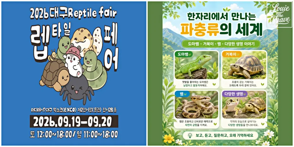 현재 이미지: Daegu Reptile Fair 2026 poster with reptile illustrations and an animal guide featuring a lizard, turtle, snake, and gecko (2026 렙타일페어 대구 포스터와 도마뱀, 거북이, 뱀, 게코 안내 이미지)