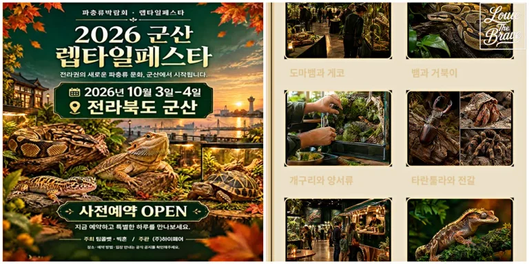 Gunsan Reptile Festa 2026 poster and guide featuring lizards, snakes, turtles, geckos, amphibians, tarantulas, and beetles (군산 렙타일페스타 2026 포스터와 주요 전시 생물 안내)