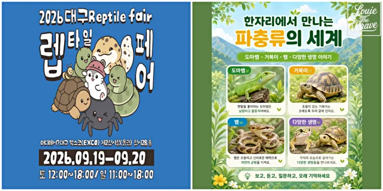 Daegu Reptile Fair 2026 poster with reptile illustrations and an animal guide featuring a lizard, turtle, snake, and gecko (2026 렙타일페어 대구 포스터와 도마뱀, 거북이, 뱀, 게코 안내 이미지)