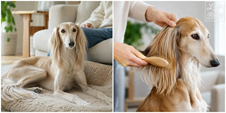 Feathered Saluki resting on a soft bed and being brushed around the ears (푹신한 침대에서 쉬고 귀 장식털을 빗질받는 살루키)