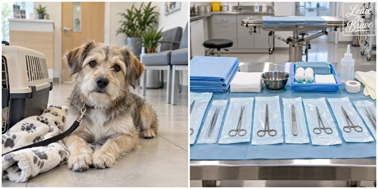 Low-cost vet care scene with a dog waiting beside a carrier and wrapped surgical instruments prepared on a veterinary table (홍금동물병원 예시:이동장 옆에서 기다리는 강아지와 동물병원 진료대에 준비된 수술 기구가 함께 보이는 저비용 진료 장면)
