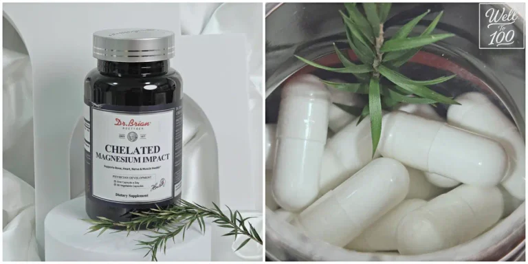 Dr. Brian Chelated Magnesium bottle and white capsules (닥터브라이언 킬레이트 마그네슘 제품 용기와 흰색 캡슐)