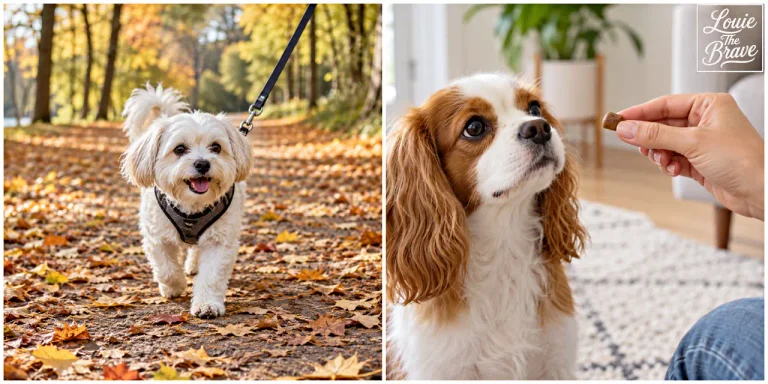 NexGard Spectra monthly schedule with a small dog walking through fall leaves and a spaniel watching a chew held indoors (가을 낙엽길을 걷는 작은 흰 강아지와 실내에서 손에 든 츄어블을 바라보는, 넥스가드 스펙트라 30일 주기를 지키는 스패니얼)